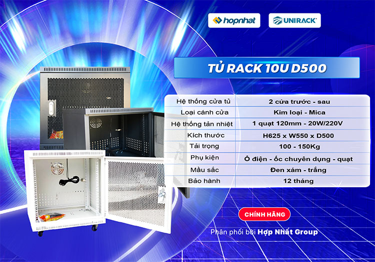 Tủ rack 10U D500 cửa lưới Unirack